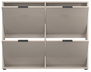 Modernes Schuhregal/Schuhschrank in Beige mit vier Klappfächern und schwarzen Griffleisten, Frontansicht