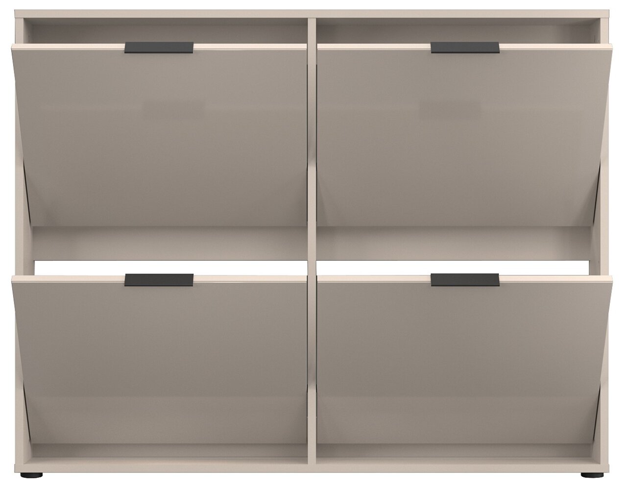 Modernes Schuhregal/Schuhschrank in Beige mit vier Klappfächern und schwarzen Griffleisten, Frontansicht