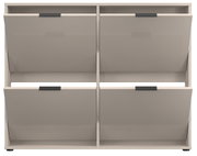 Modernes Schuhregal/Schuhschrank in Beige mit vier Klappfächern und schwarzen Griffleisten, Frontansicht