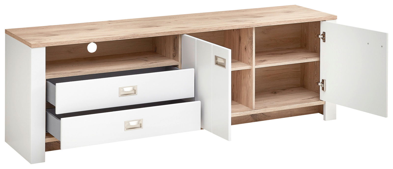 TV-Lowboard mit zwei Schubladen und zwei Türen, in Holzoptik und Weiß, von vorne betrachtet