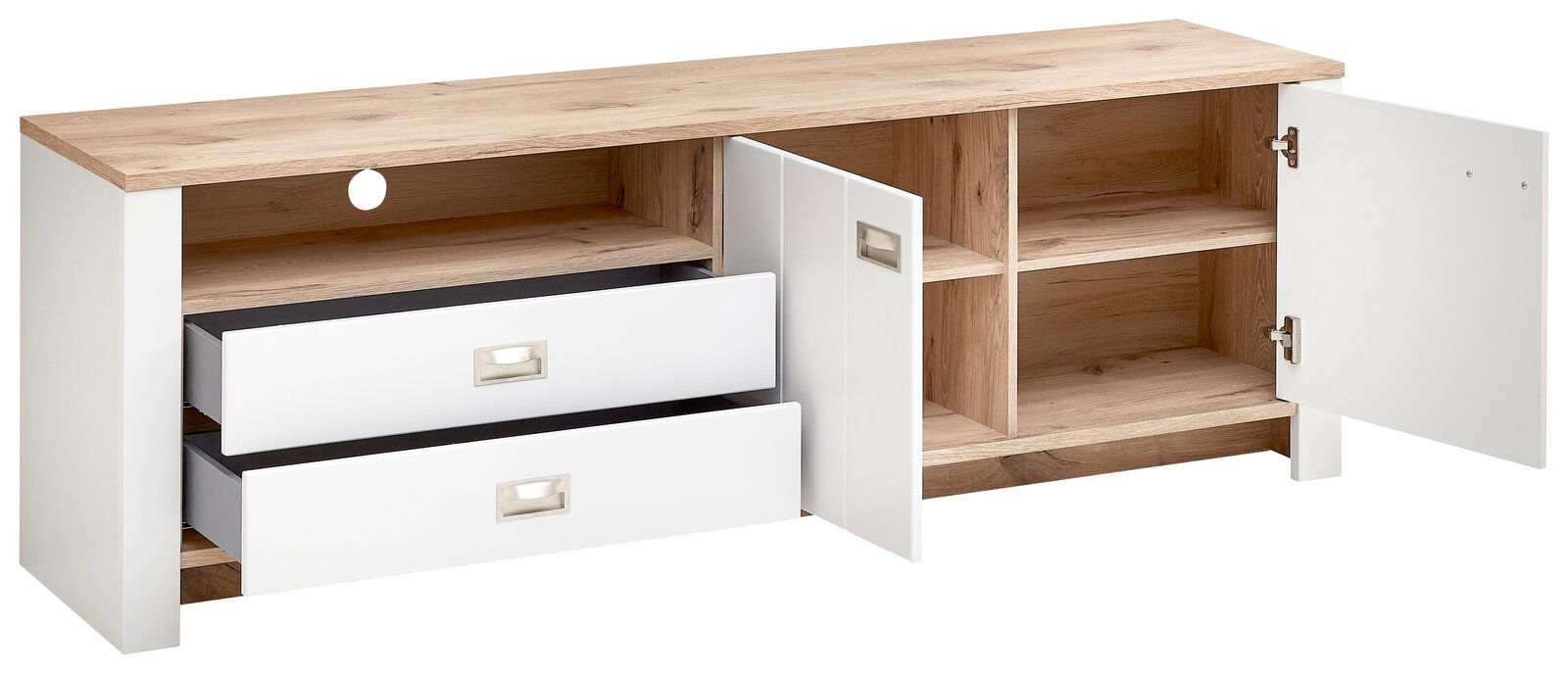 TV-Lowboard mit zwei Schubladen und zwei Türen, in Holzoptik und Weiß, von vorne betrachtet