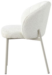 Seitenansicht eines weißen Armlehnstuhls mit modernem Design und Metallbeinen.