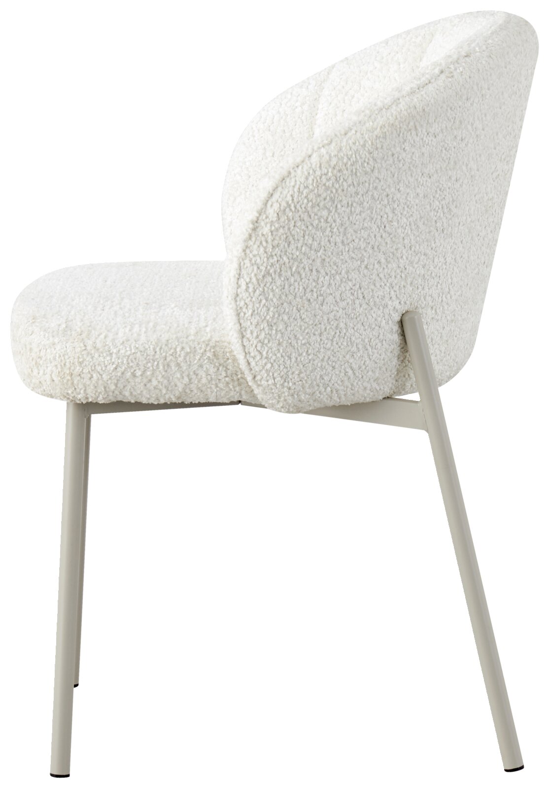 Seitenansicht eines weißen Armlehnstuhls mit modernem Design und Metallbeinen.