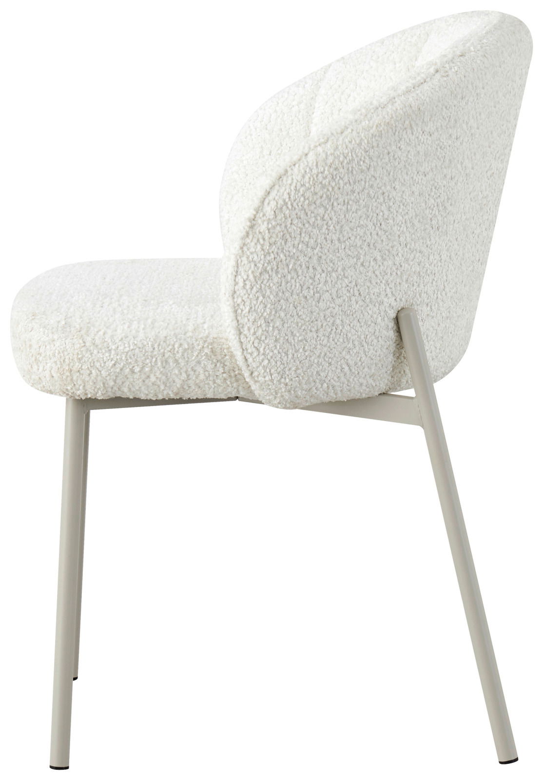 Seitenansicht eines weißen Armlehnstuhls mit modernem Design und Metallbeinen.