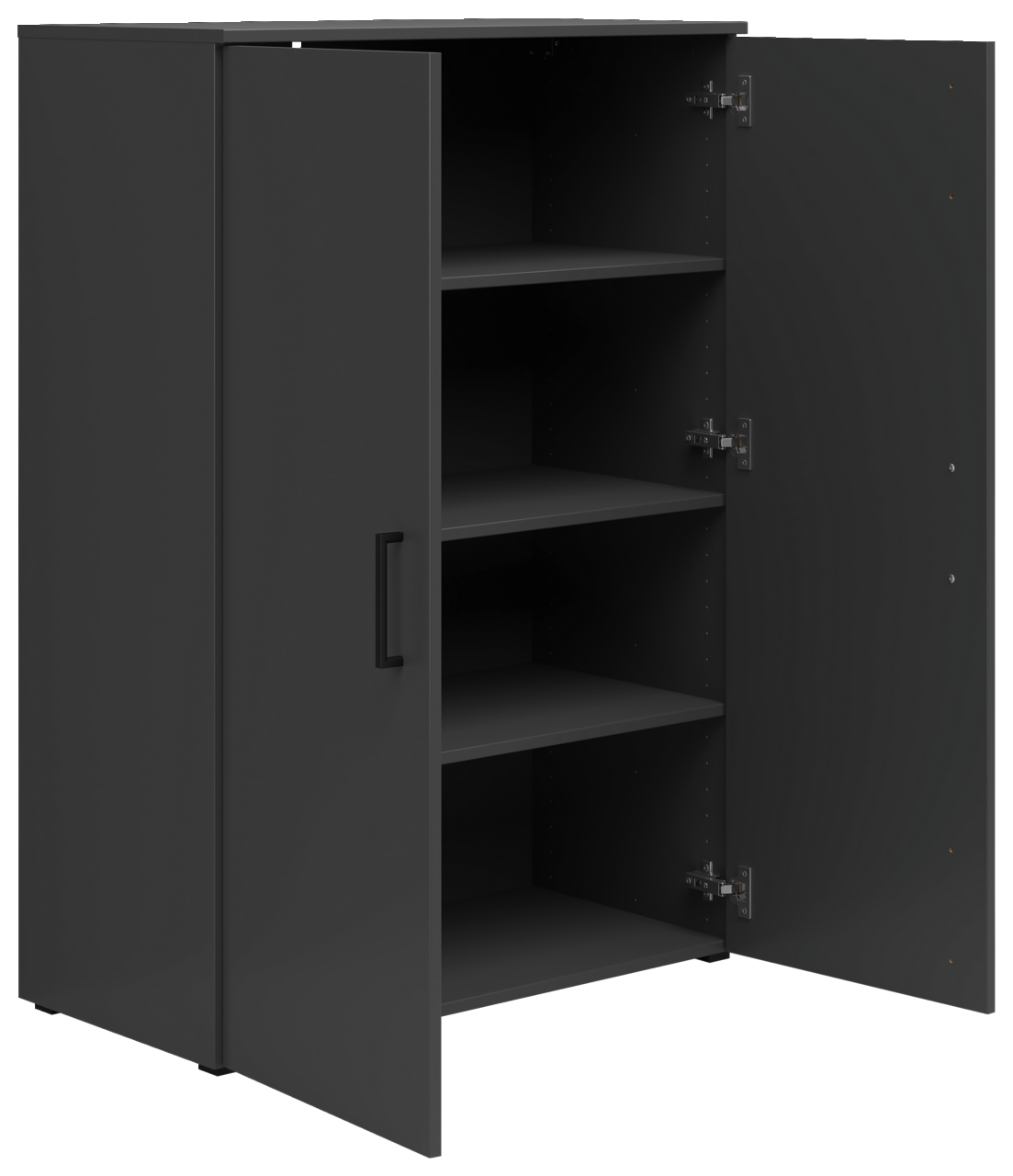 Schwarze Kommode mit zwei geöffneten Türen und mehreren Regalböden, seitliche Perspektive
