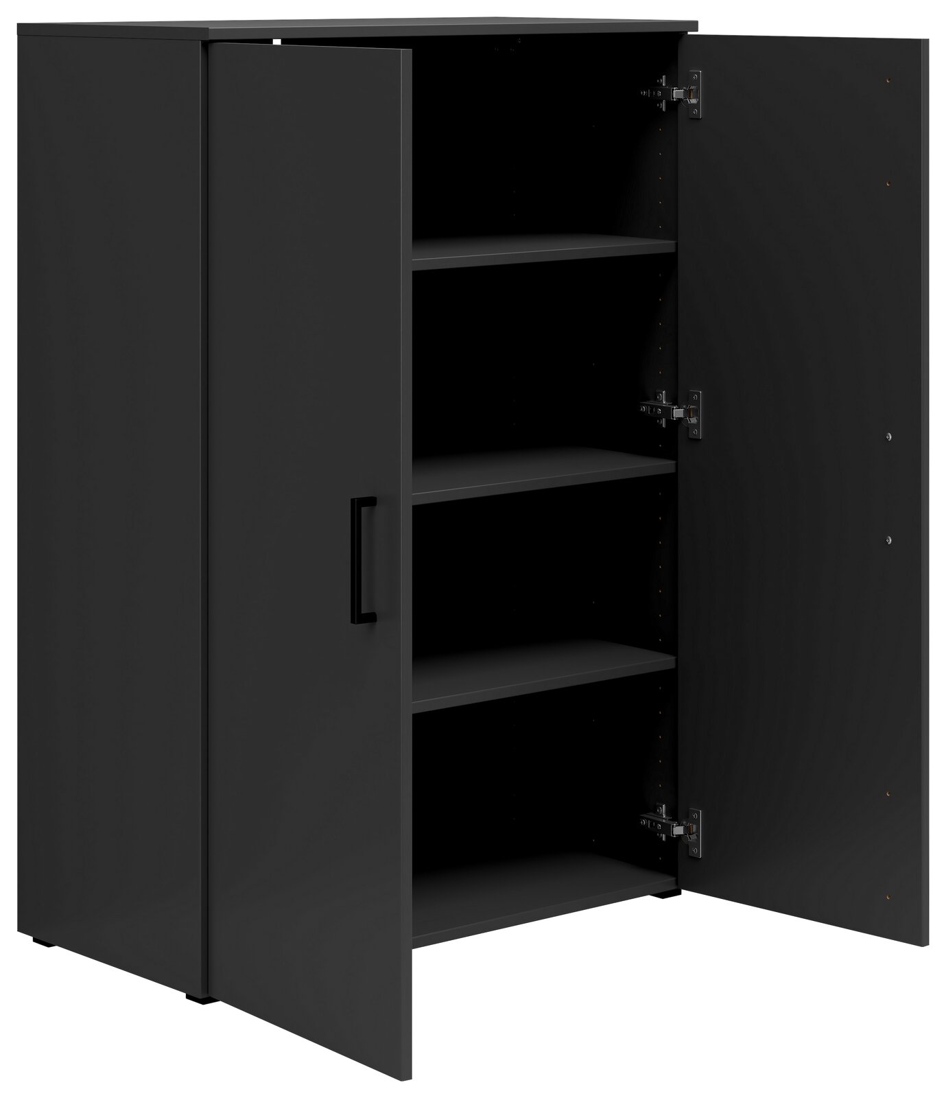 Schwarze Kommode mit zwei geöffneten Türen und mehreren Regalböden, seitliche Perspektive