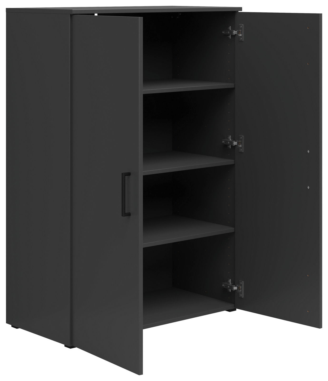 Schwarze Kommode mit zwei geöffneten Türen und mehreren Regalböden, seitliche Perspektive