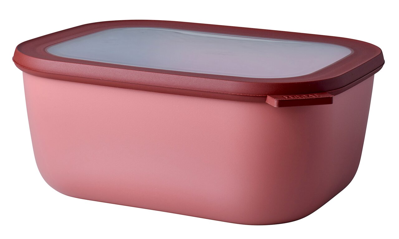 Rechthoekige multischaal in Vivid Mauve met doorzichtig deksel, zijaanzicht