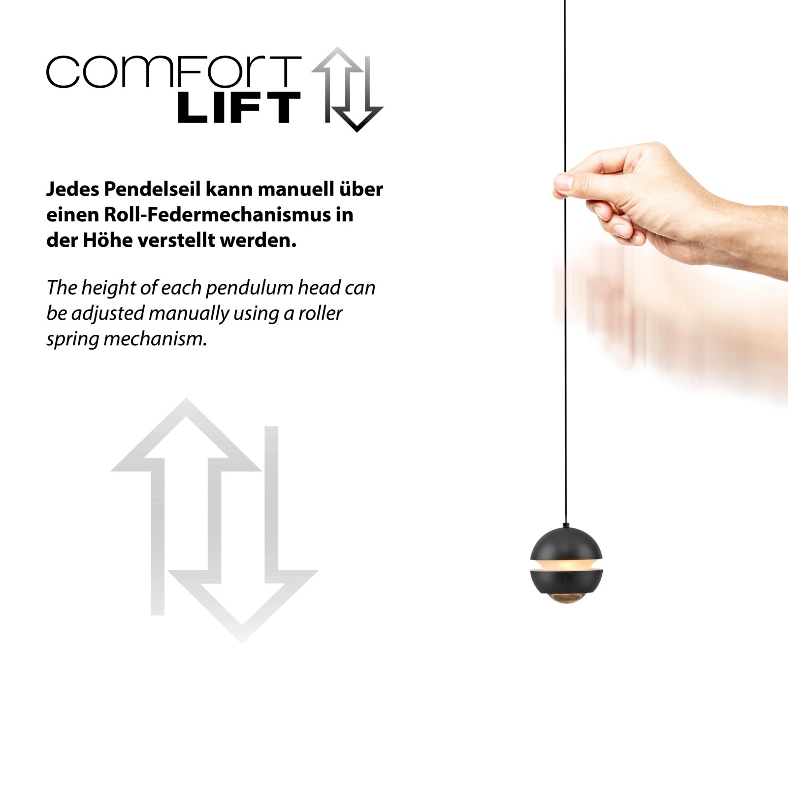 Infografik „comfort LIFT“: Hand zieht am Pendelseil, um die Höhe einer schwarzen Pendelleuchte per Roll-Federmechanismus zu verstellen; Seitenansicht/Detailansicht.