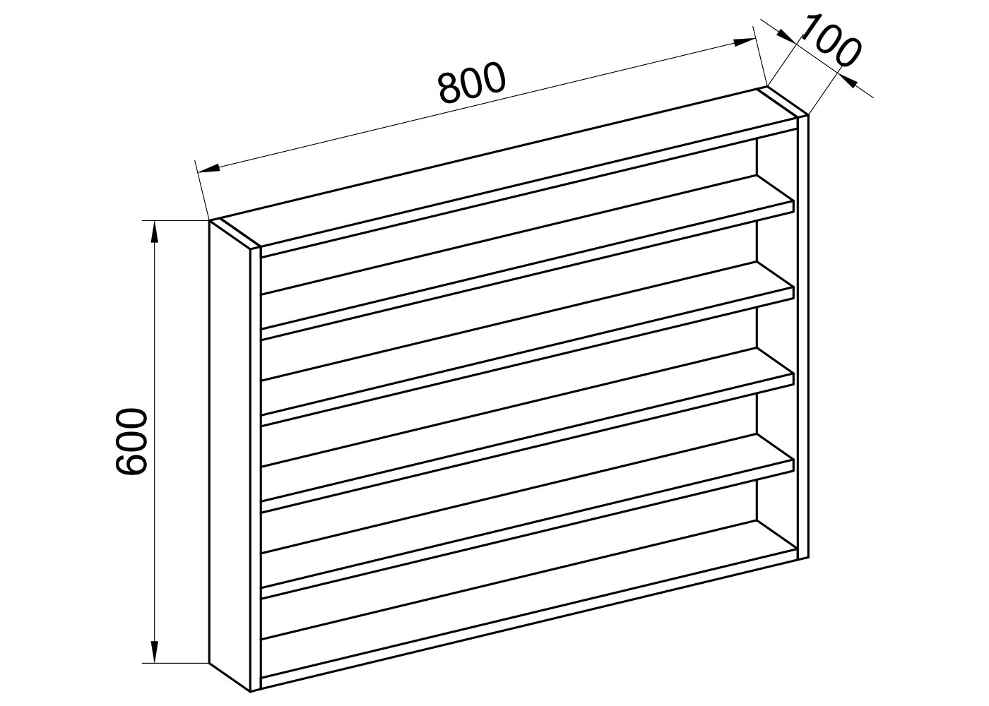 Isometrische Schrägansicht eines offenen Wandregals mit fünf Ablageböden, Maße 800 x 600 x 100 mm (B x H x T), als technische Zeichnung.