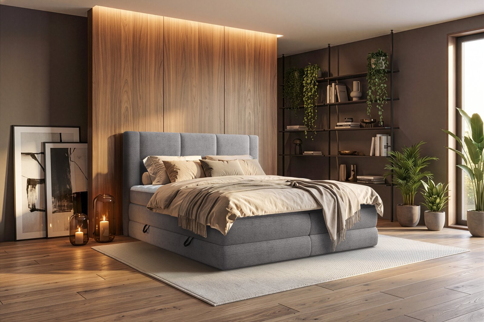 Grijs gestoffeerd boxspringbed met hoog hoofdbord en beige beddengoed in een moderne slaapkamer met houten wand, open zwarte kast en kamerplanten, gezien schuin van voren