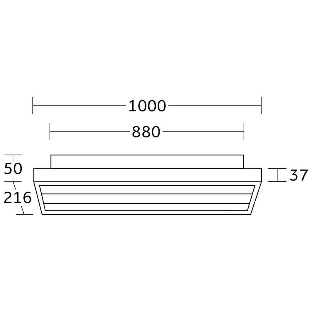 Technische Zeichnung einer rechteckigen LED-Deckenleuchte mit den Maßen 1000 mm x 880 mm, Seitenansicht.