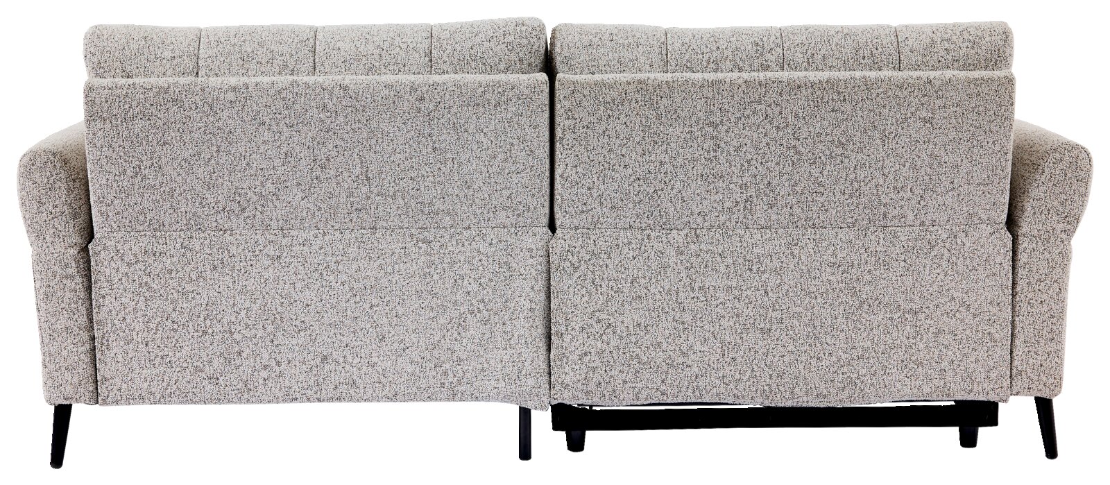 Rückansicht eines grauen, zweisitzigen Sofas mit texturierter Oberfläche und schwarzen Beinen.