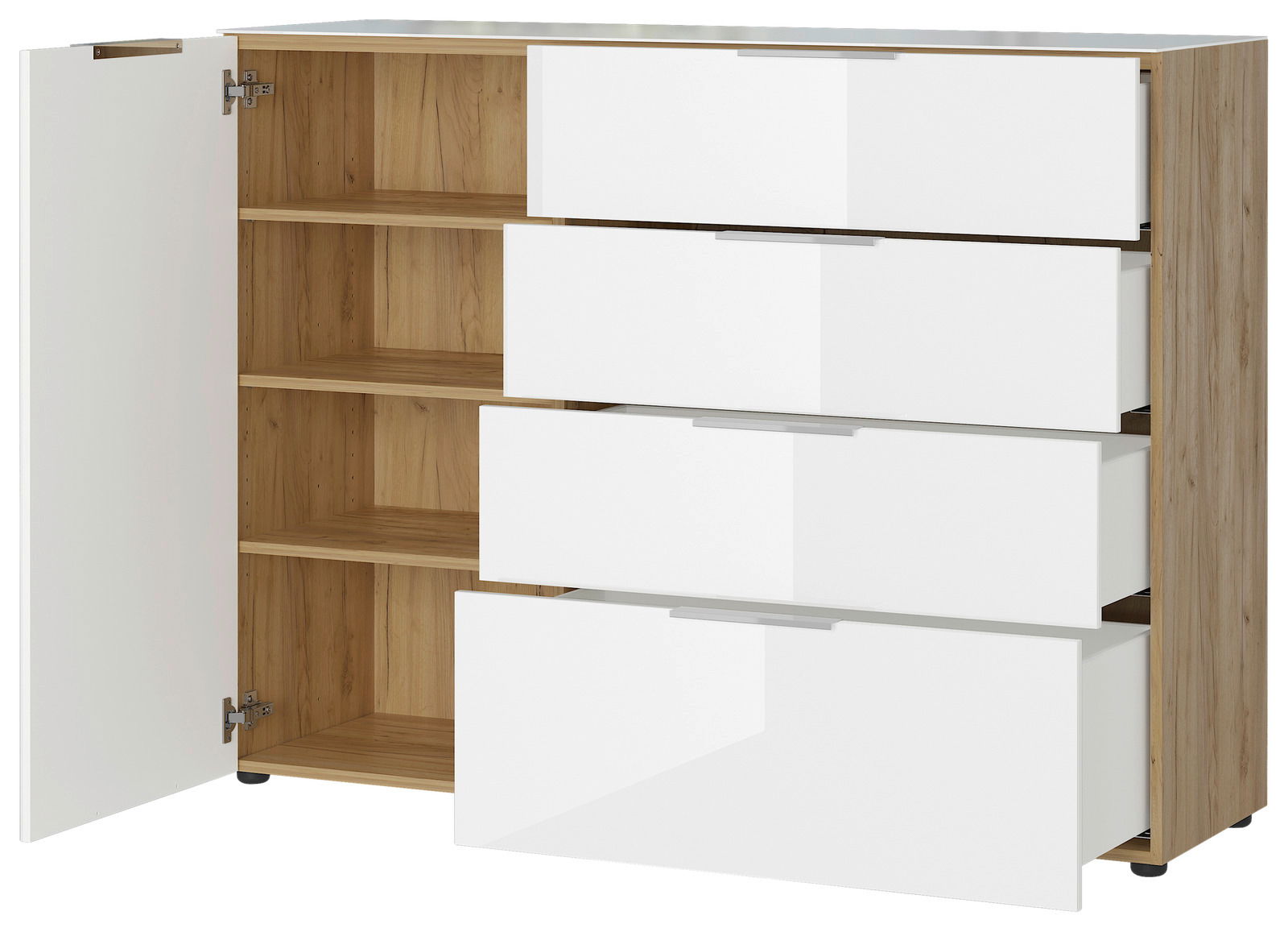Modernes Sideboard mit weiß glänzenden Schubladen und Holzelementen, offene Tür zeigt Innenregale, Perspektive von vorne rechts