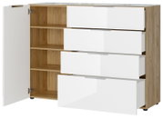Modernes Sideboard mit weiß glänzenden Schubladen und Holzelementen, offene Tür zeigt Innenregale, Perspektive von vorne rechts