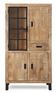 Vitrinenschrank KALI aus Holz mit Glastür und Metallrahmen, frontal fotografiert.