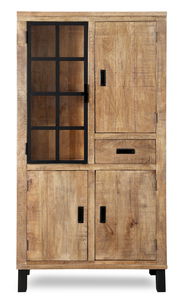 Vitrinenschrank KALI aus Holz mit Glastür und Metallrahmen, frontal fotografiert.