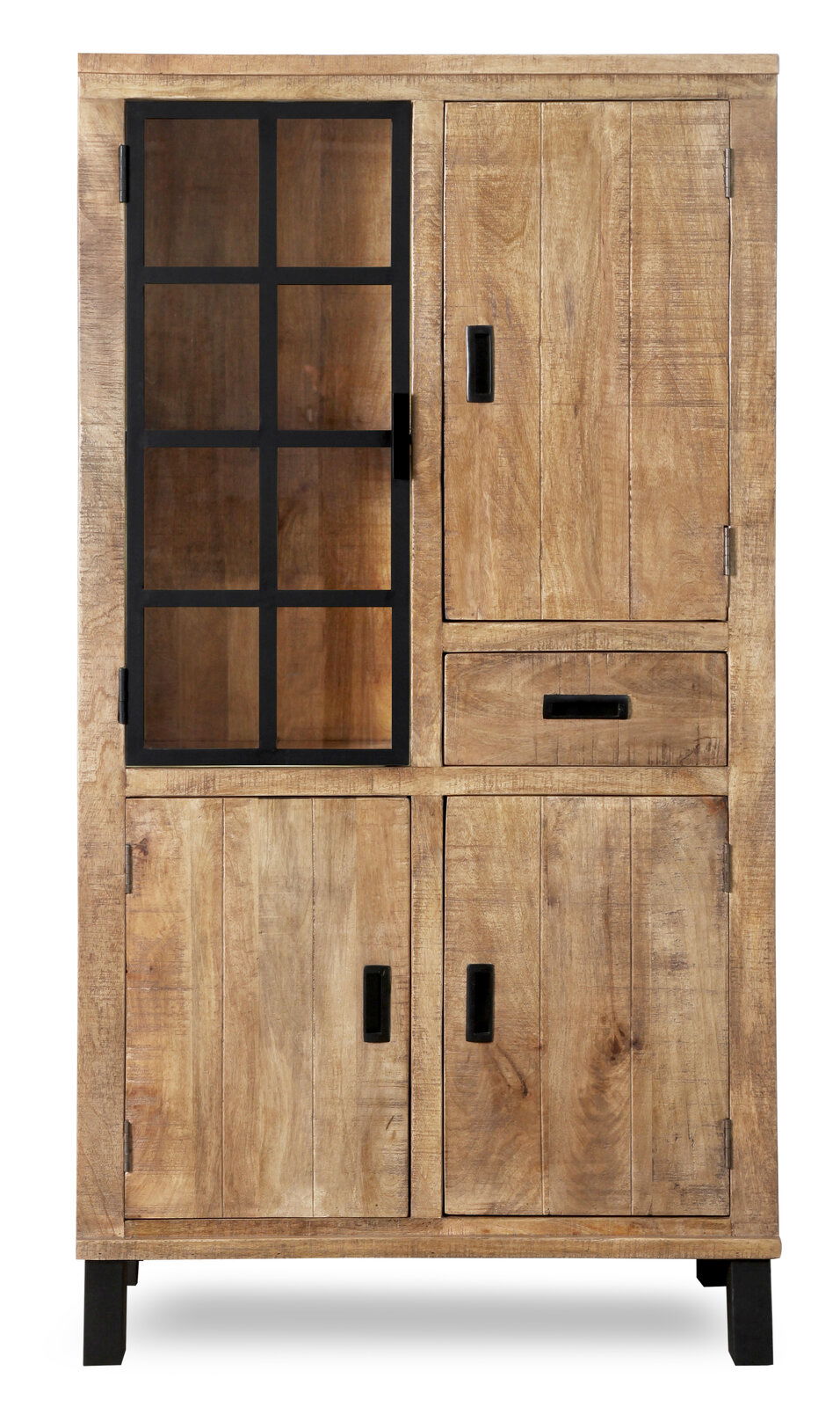 Vitrinenschrank KALI aus Holz mit Glastür und Metallrahmen, frontal fotografiert.