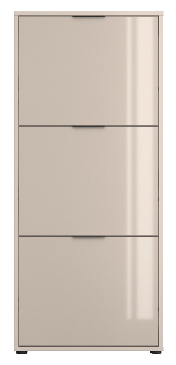 Beige, hoogglanzende schoenenkast met drie kleppen en smalle handgrepen, vooraanzicht