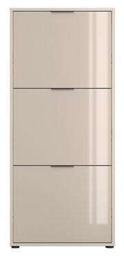 Beige, hoogglanzende schoenenkast met drie kleppen en smalle handgrepen, vooraanzicht