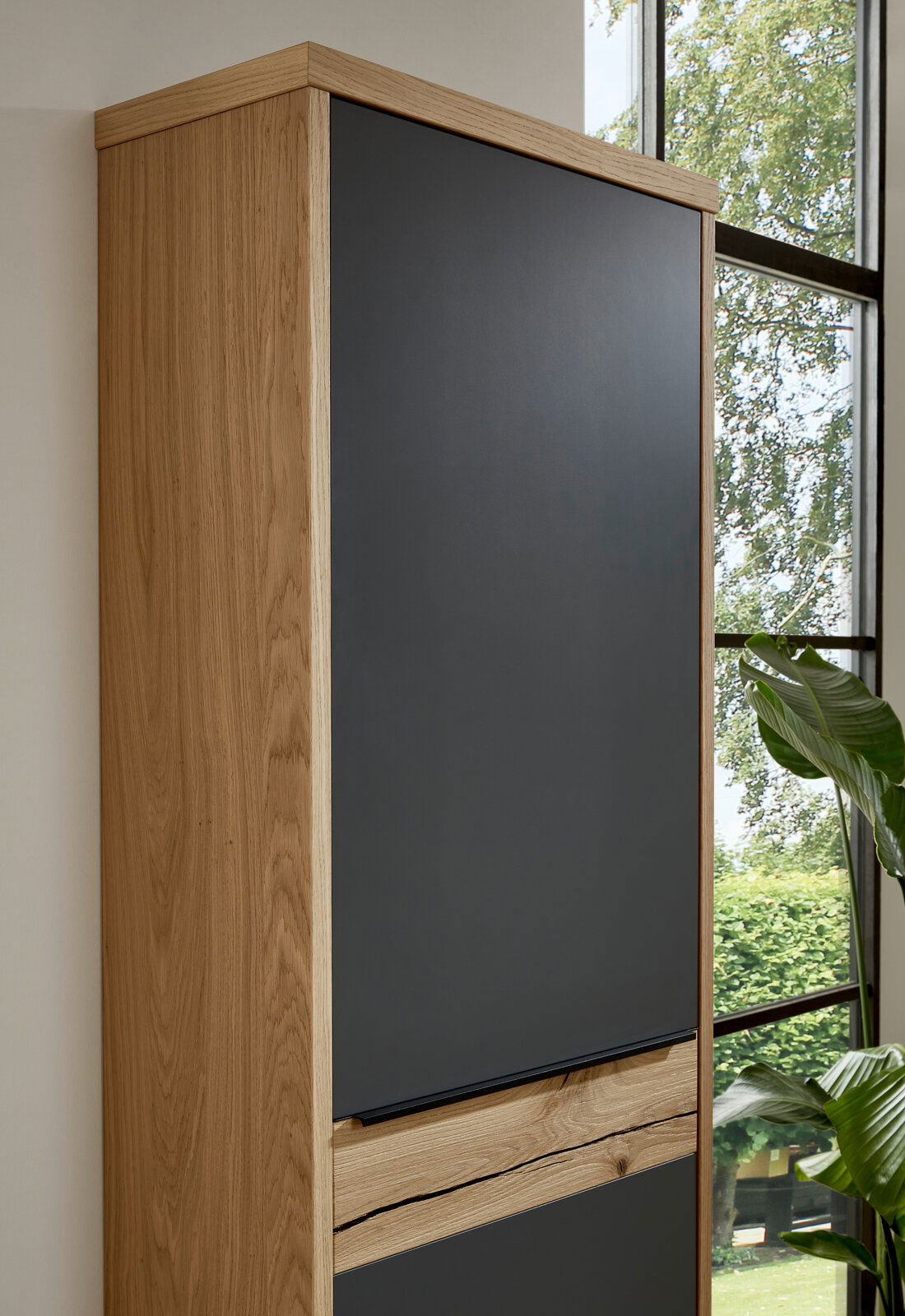 Moderner Hängegarderobenschrank aus Holz mit dunkler Front, seitliche Perspektive