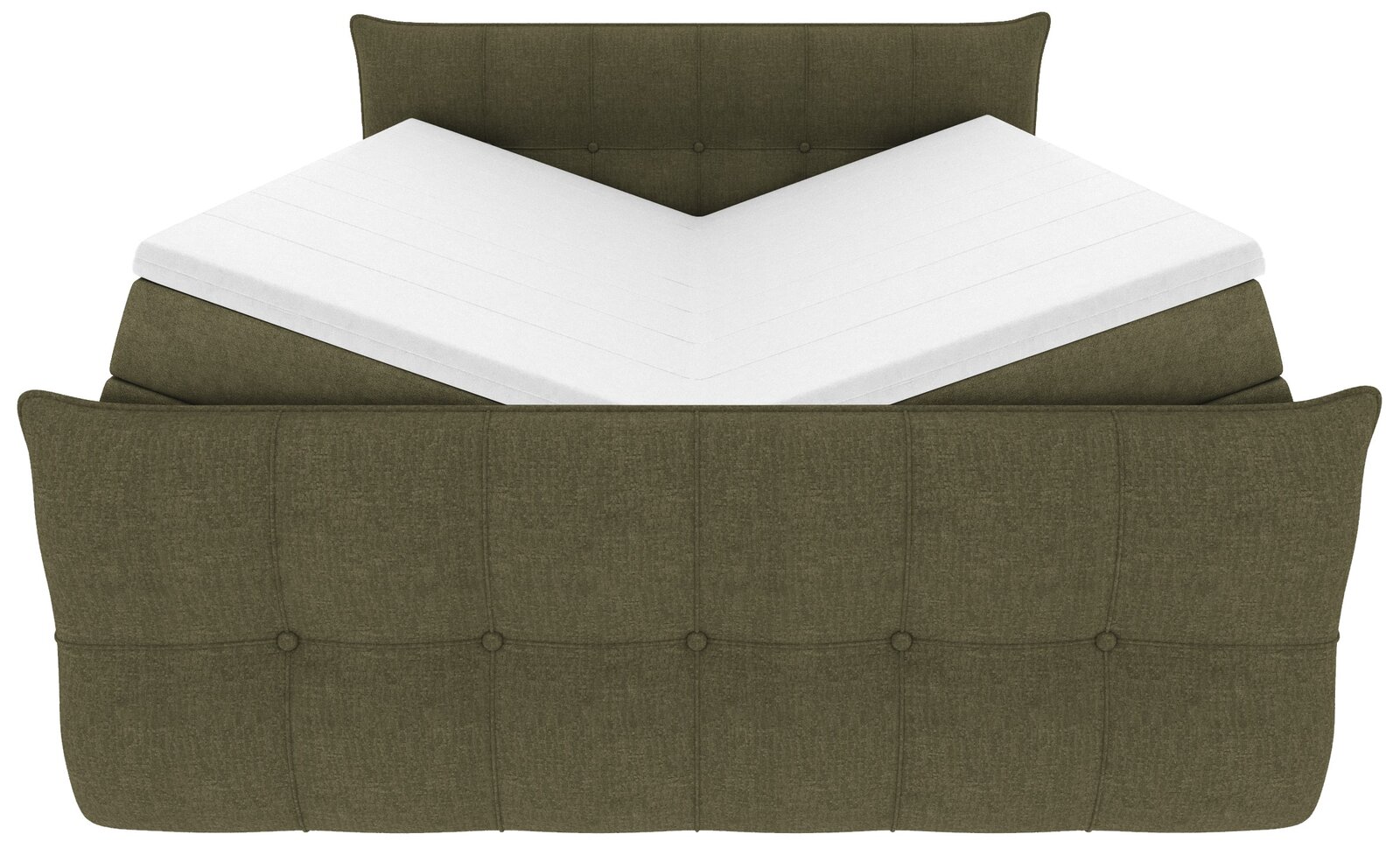 Grünes, gepolstertes Boxspringbett mit gestepptem Kopf- und Fußteil und weißer Matratze in V-Form, Frontansicht