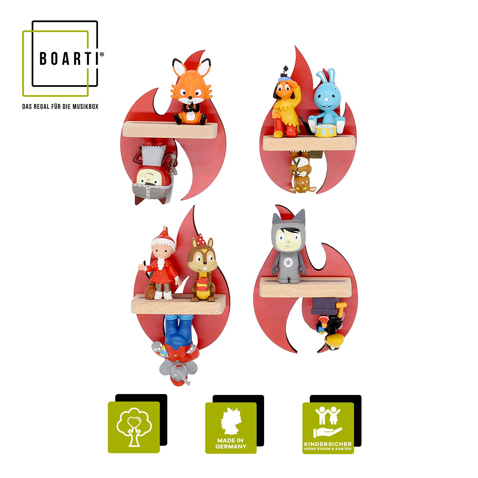 Frontansicht: Boarti Wandregal für Musikbox-Figuren in Flammenform, rot mit hellem Holzbrett, dekoriert mit kleinen Spielfiguren, auf weißem Hintergrund; Made in Germany und kindersicher ohne Ecken und Kanten.