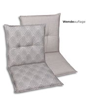 Wendeauflage für Gartenstuhl in Grau: eine Seite mit geometrischem Muster, die andere einfarbig, frontal in leichter Schrägansicht auf weißem Hintergrund