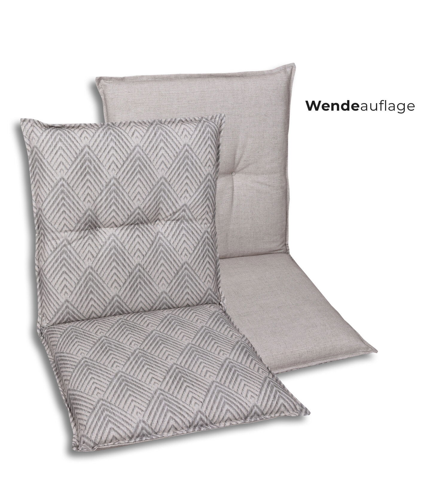 Wendeauflage für Gartenstuhl in Grau: eine Seite mit geometrischem Muster, die andere einfarbig, frontal in leichter Schrägansicht auf weißem Hintergrund