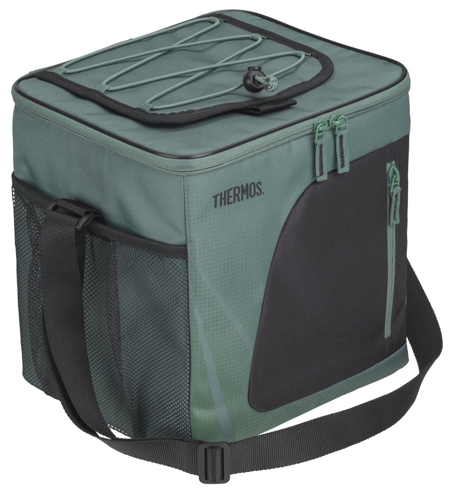 Grün-schwarze Thermos Kühltasche mit Schultergurt, seitlicher Netztasche, mehreren Reißverschlüssen und elastischer Kordel auf dem Deckel, schräg von vorne oben dargestellt