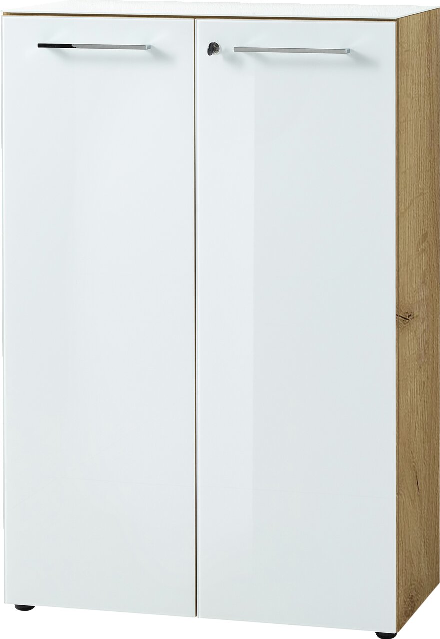 XORA Aktenschrank niedrig MATERNO Moderner, niedriger Aktenschrank der Serie MONTERIA von XORA mit zwei weißen Türen und Holzseiten, Frontalansicht.