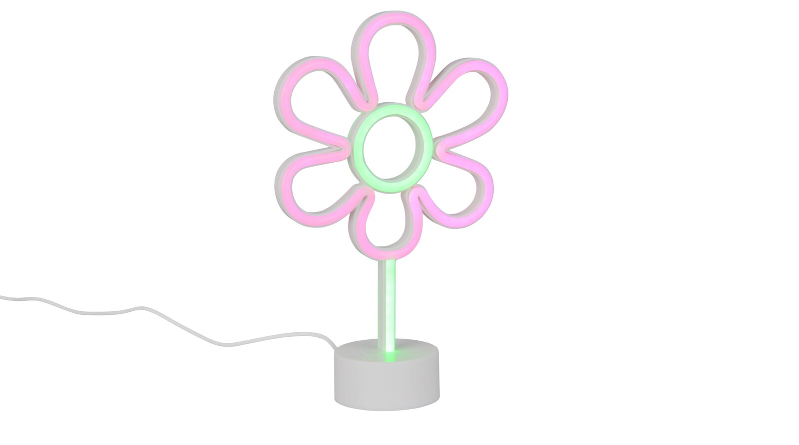 Bloemvormige LED-neon-tafellamp met roze bloemblaadjes en een groen hart op een witte voet met snoer, vooraanzicht vanuit een licht verhoogd perspectief op een witte achtergrond