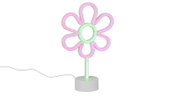 Bloemvormige LED-neon-tafellamp met roze bloemblaadjes en een groen hart op een witte voet met snoer, vooraanzicht vanuit een licht verhoogd perspectief op een witte achtergrond