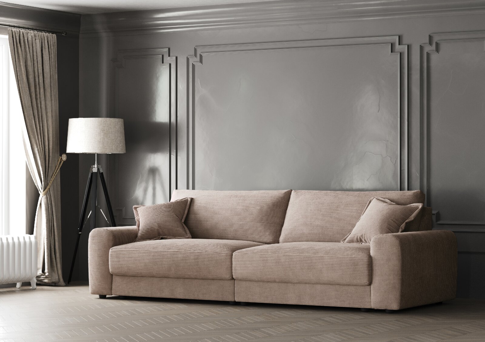 Z2 Big Sofa NAPOLI Großes, beiges Sofa in einem eleganten Wohnzimmer mit grauer Wandverkleidung, seitliche Perspektive.