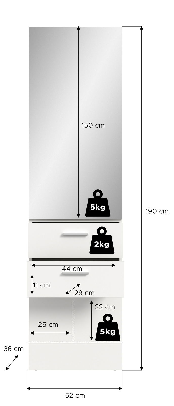 Garderobenpaneel mit Spiegel, 190 cm hoch, 52 cm breit, mit Schubladen und Ablagefächern, Frontansicht
