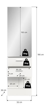 Garderobenpaneel mit Spiegel, 190 cm hoch, 52 cm breit, mit Schubladen und Ablagefächern, Frontansicht