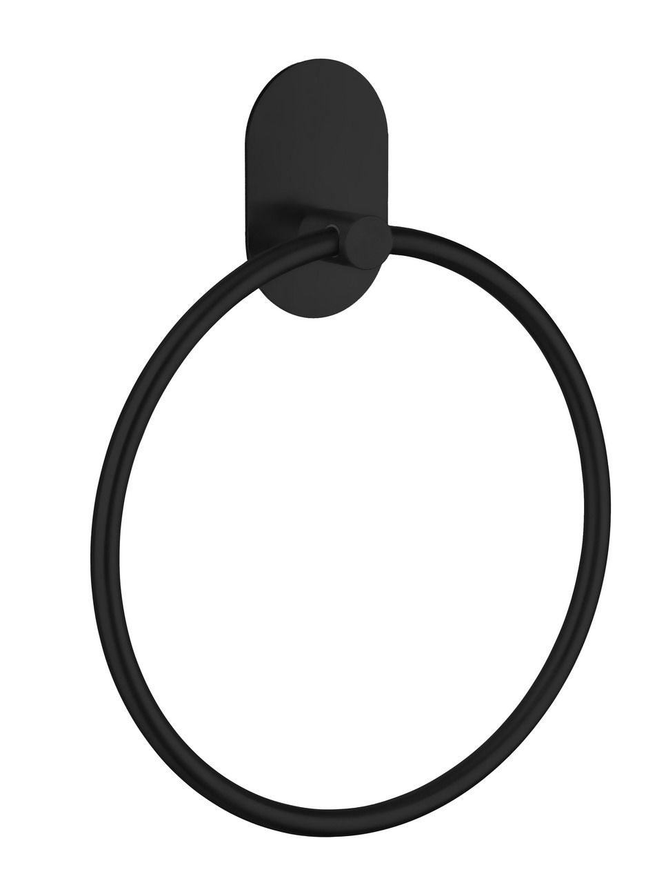 Schwarzer, selbstklebender Handtuchring aus Metall, frontal abgebildet.