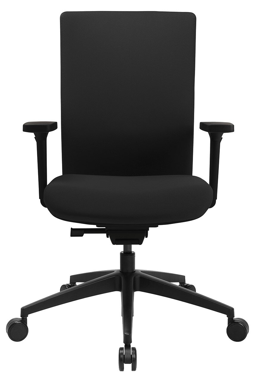 Schwarzer Bürostuhl mit hoher Rückenlehne und Armlehnen, Vorderansicht