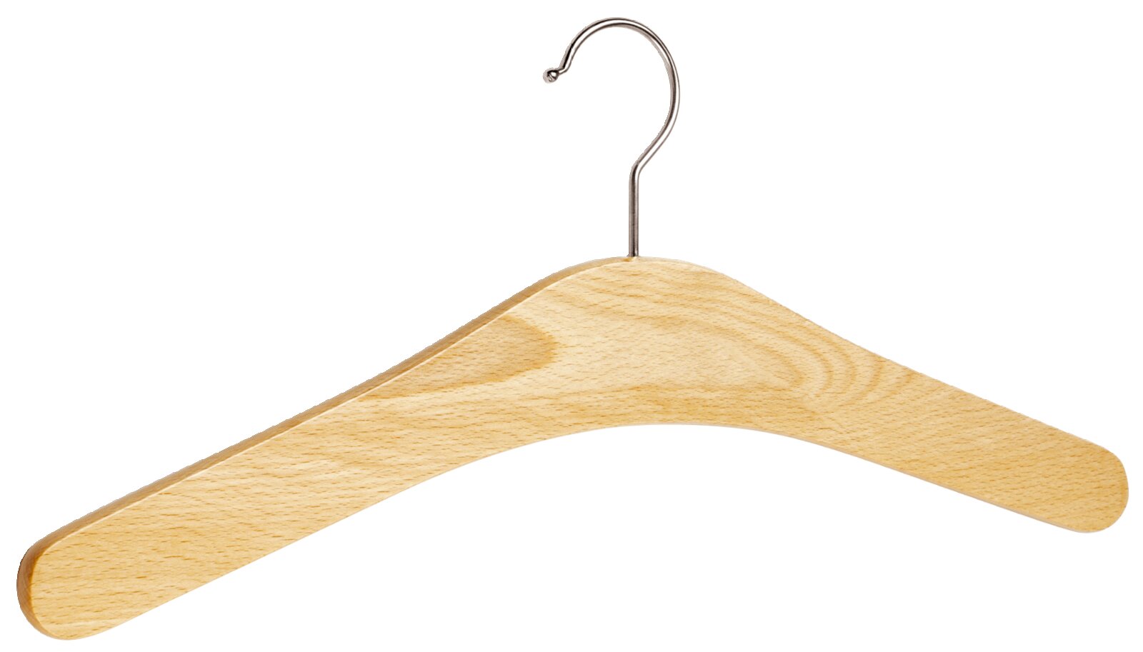 Houten kleerhanger met metalen haak, vooraanzicht