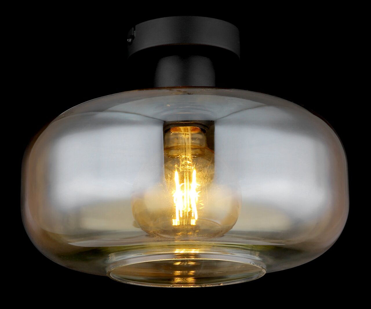 Moderne Deckenleuchte mit transparentem Glas und sichtbarer Glühbirne, seitliche Perspektive