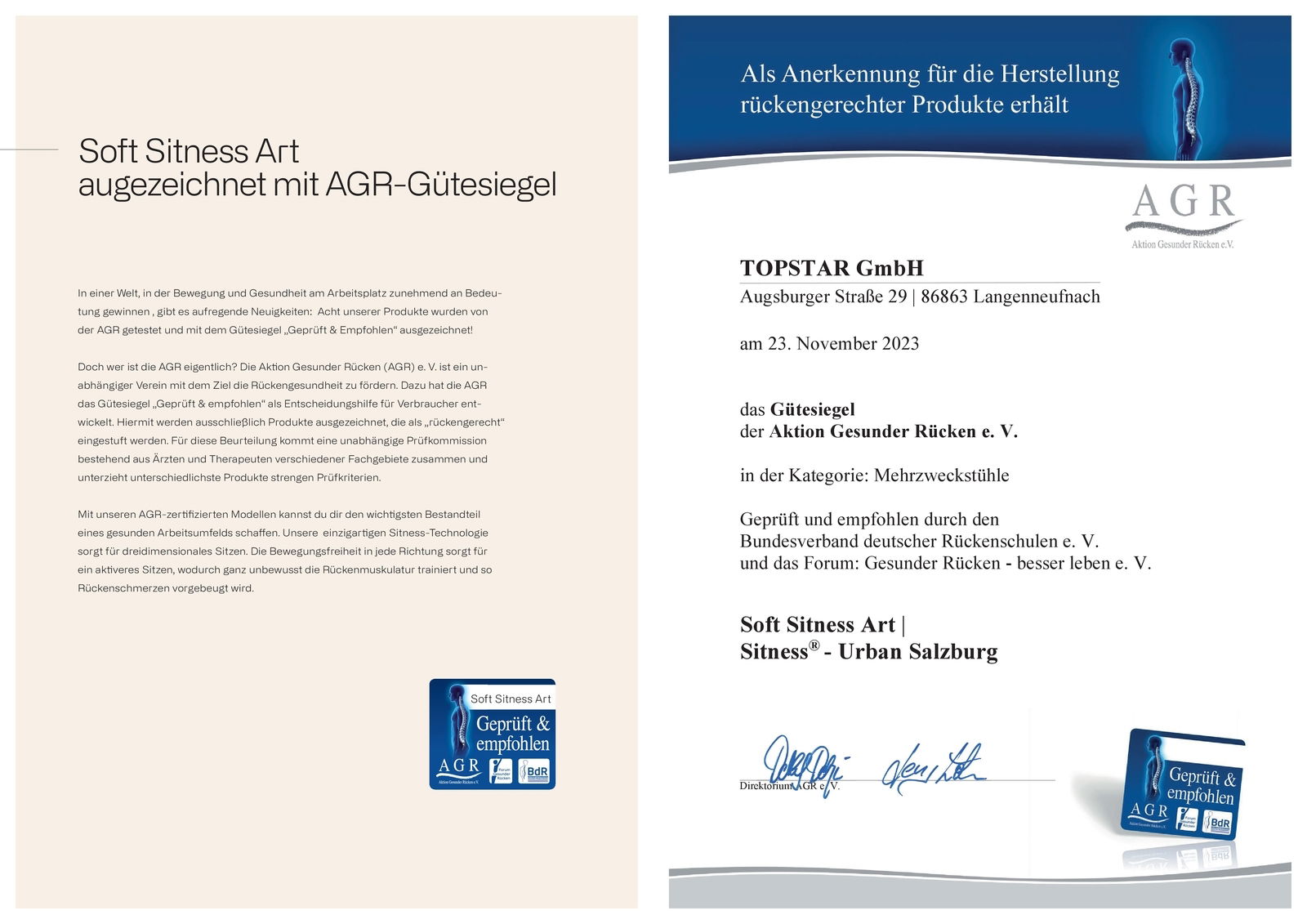 Zertifikat für den Bürostuhl Topstar Soft Sitness Art mit AGR-Gütesiegel, ausgezeichnet für rückengerechte Produkte. Perspektive: Vorderansicht des Zertifikats.