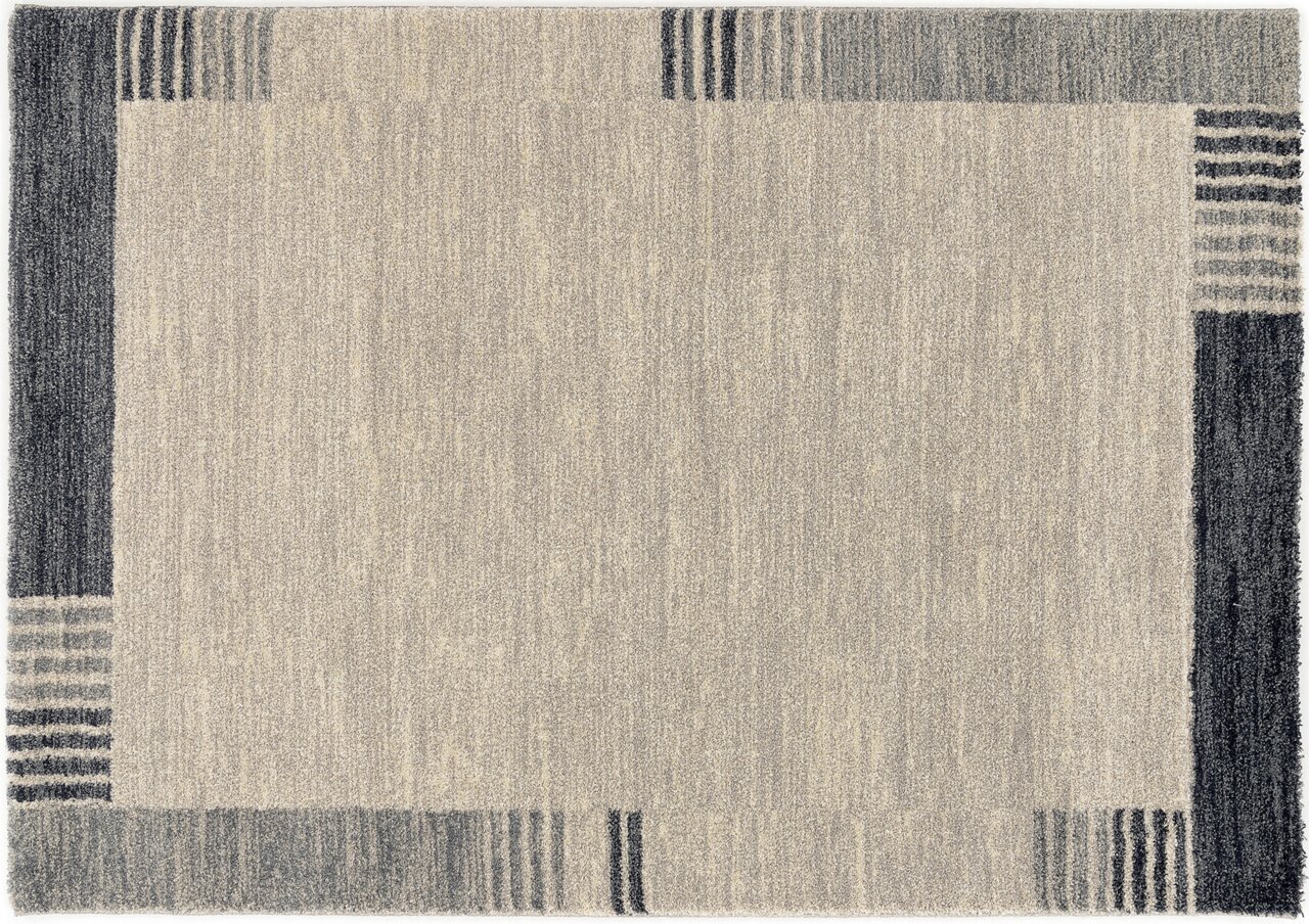 Frisé-Teppich in quadratischer Form mit grauem und beigem Muster, aus der Vogelperspektive fotografiert.