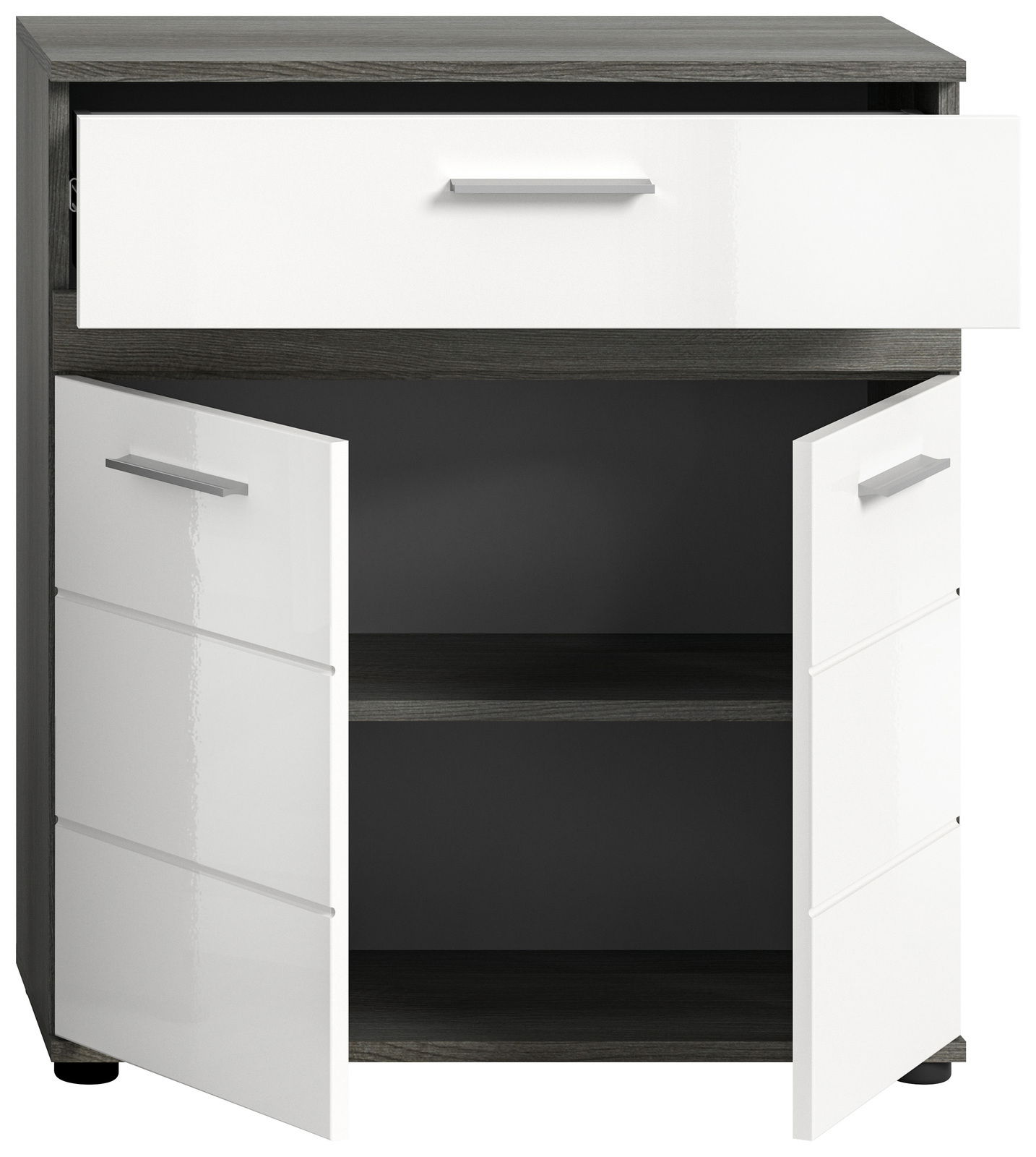 Midischrank mit einer offenen Schublade und zwei geöffneten Türen, Frontansicht