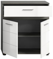 Midischrank mit einer offenen Schublade und zwei geöffneten Türen, Frontansicht