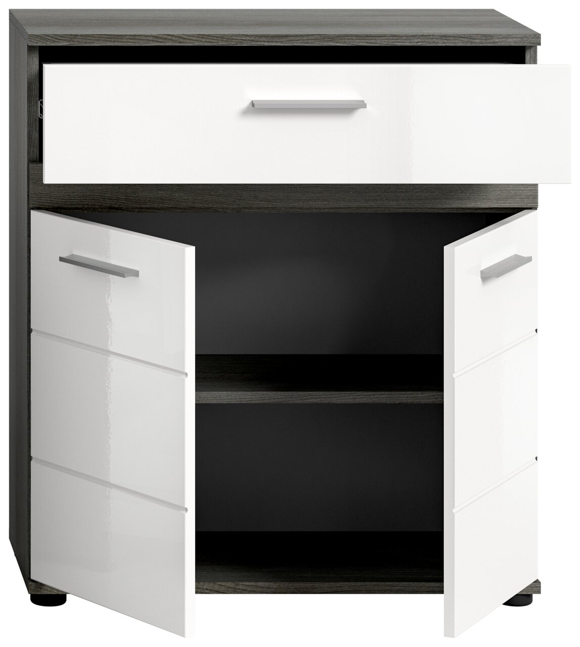 Midischrank mit einer offenen Schublade und zwei geöffneten Türen, Frontansicht