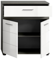 Midischrank mit einer offenen Schublade und zwei geöffneten Türen, Frontansicht