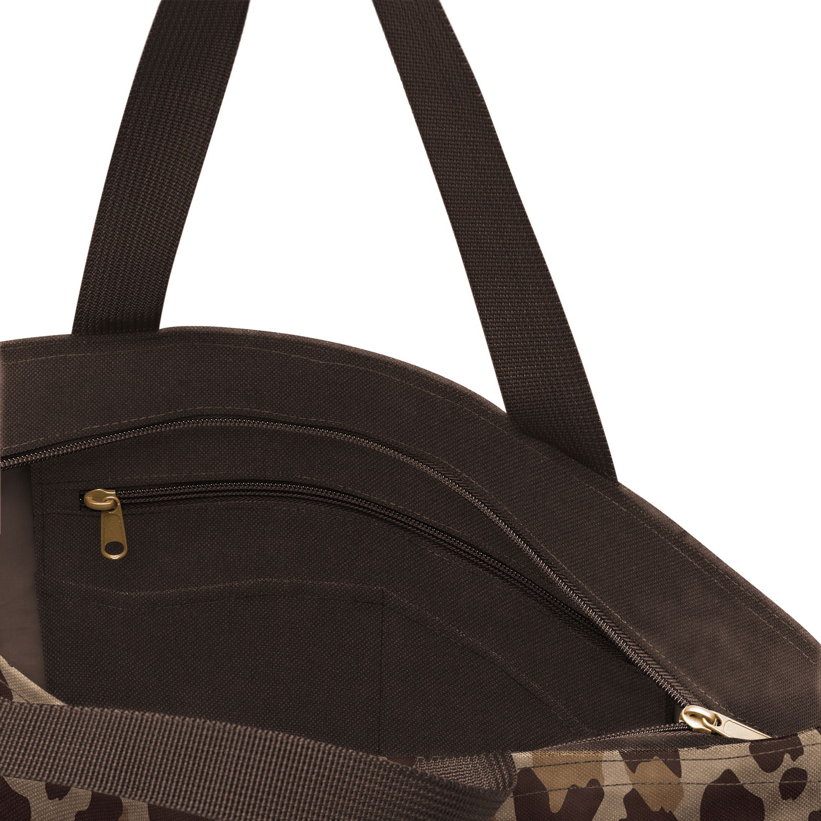 Innenansicht einer braunen Tasche mit Reißverschluss und Leo-Muster, Perspektive von oben.