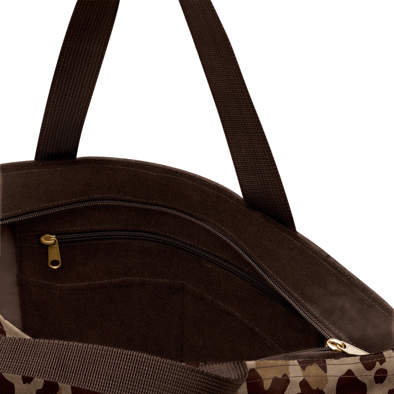 Innenansicht einer braunen Tasche mit Reißverschluss und Leo-Muster, Perspektive von oben.
