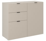 Moderne Kommode in Beige mit drei Schubladen und einer Tür, seitliche Perspektive
