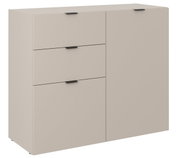 Moderne Kommode in Beige mit drei Schubladen und einer Tür, seitliche Perspektive
